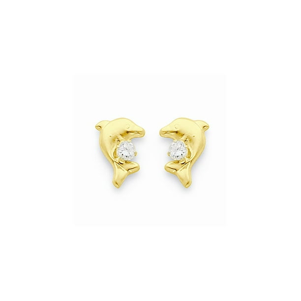 14k Yellow Gold Madi K CZ Childrens Dolphin Post Earrings 
